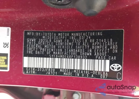 2024 Toyota Corolla Le из США, поврежденный, VIN 5YFB4MDE6RP138932